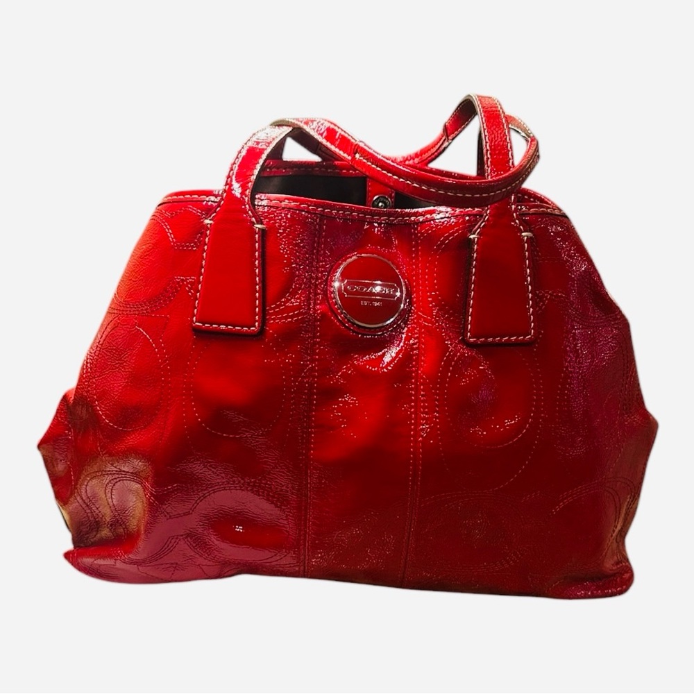 Coach Red Patent Leather Rare Bag Center Compartment Turn Lock EUC*